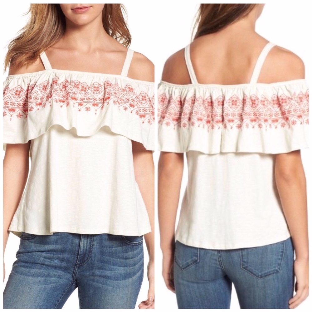 NWT SANCTUARY Helena Embroidered Ruffled Cold Shoulder Top Size XS